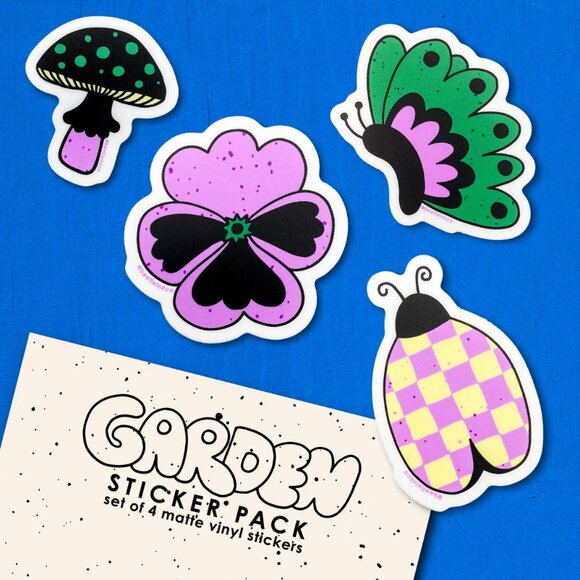 Handmade Other - Garden Sticker Pack - 4 Vinyl Stickers - Butterfly Pansy Flower Beetle - NWT